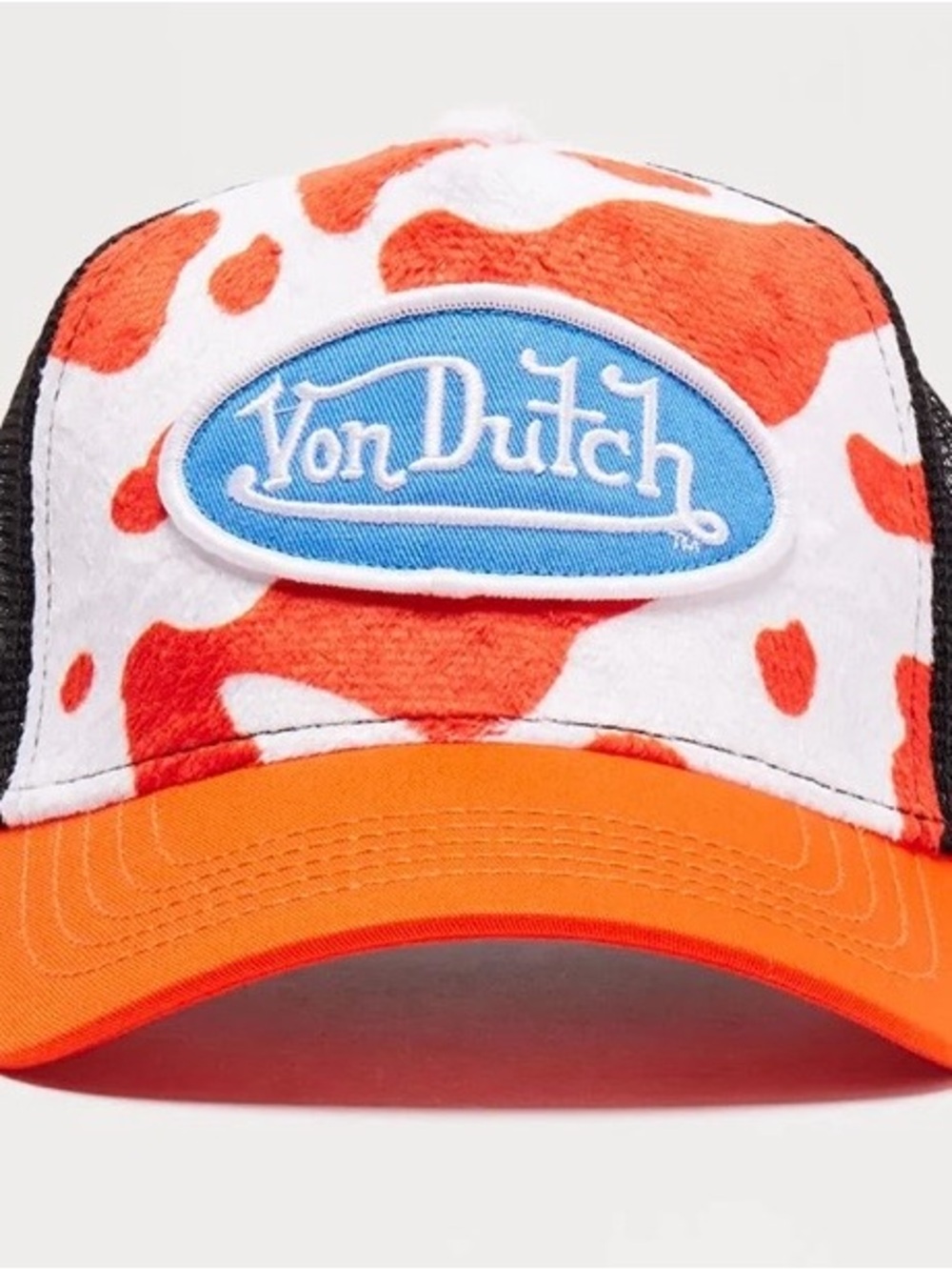 Von Dutch Orange & White Cowprint Trucker Hat with Black Mesh